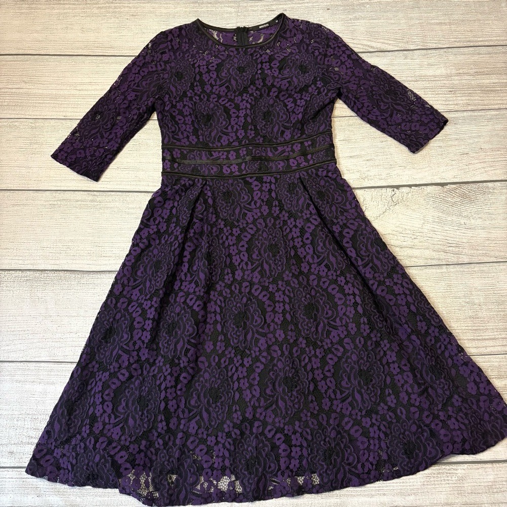 Women's Purple and Black Lace A Line Dress with 3/4 Sleeve and black trim Size M